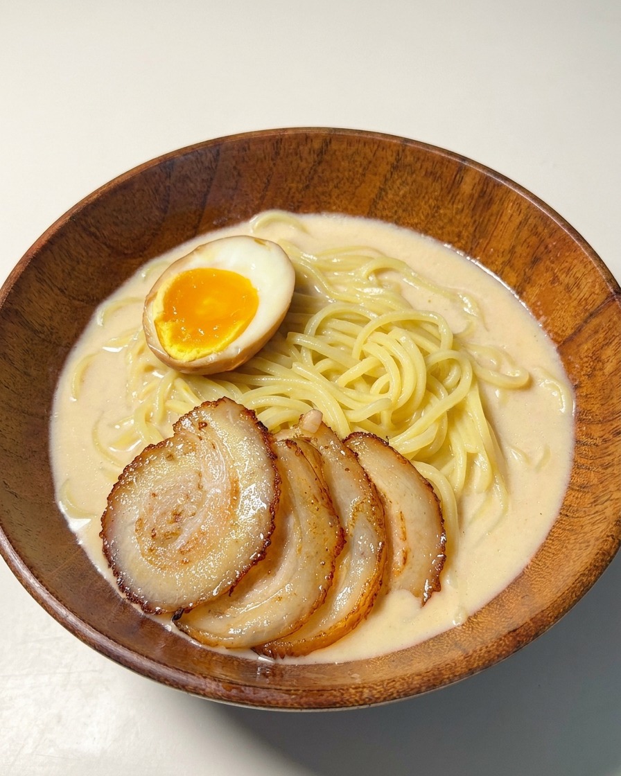 チャーシューの横に、黄身が半熟の味付け卵を添えた様子。
