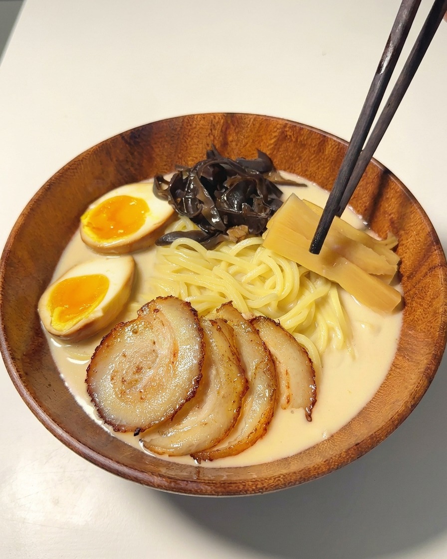丼の空いたスペースにきくらげやメンマなどを配置している様子。