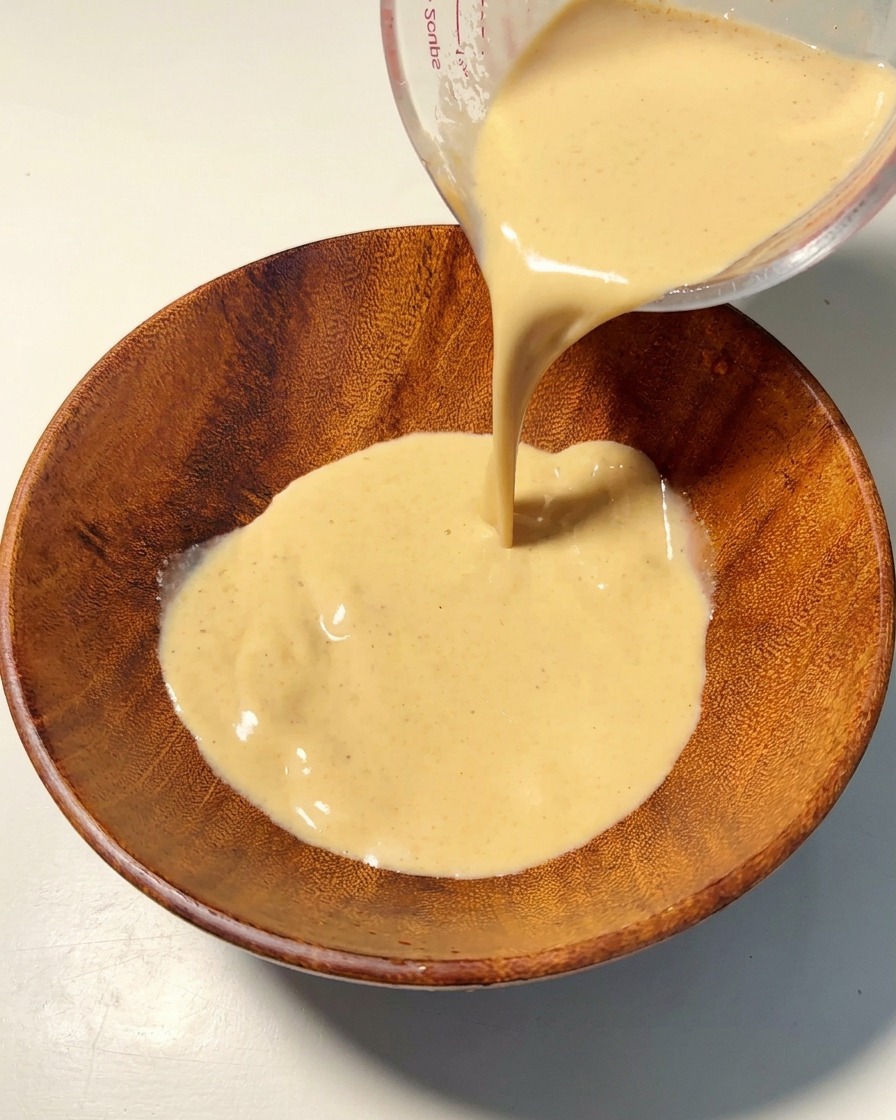 温めた木製の丼にクリーミーなタレを注いでいる様子。