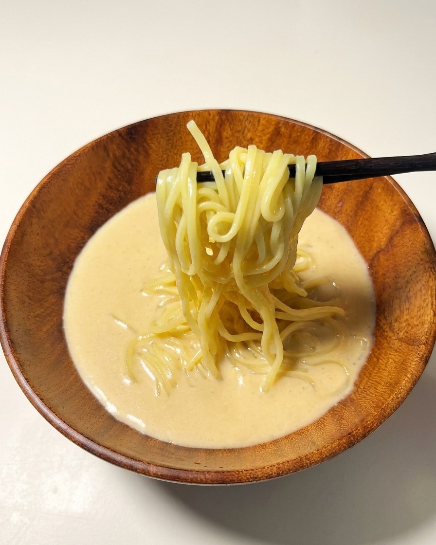 茹でたての麺をスープに入れ、箸で整えている様子。