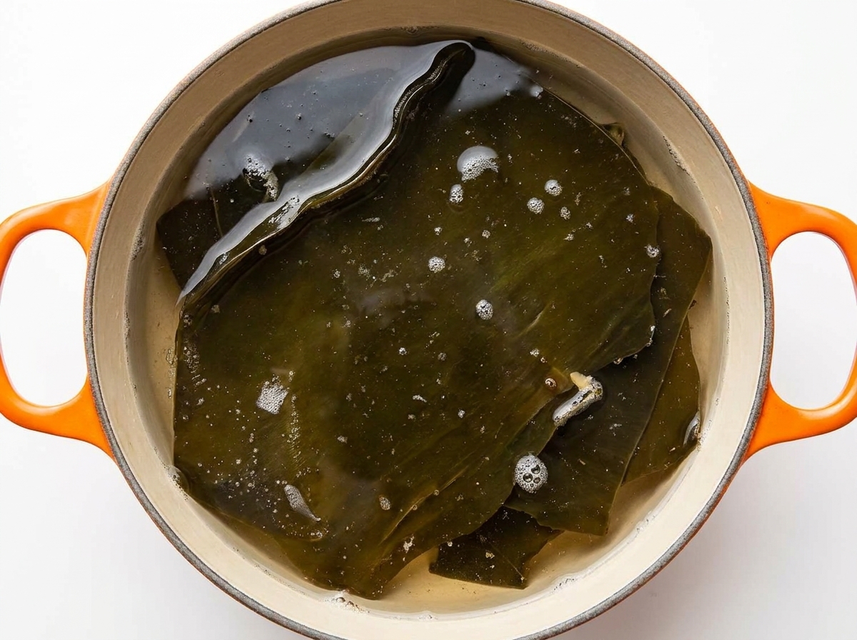 鍋の中で大きな昆布が沸騰したお湯に浸かっている様子。