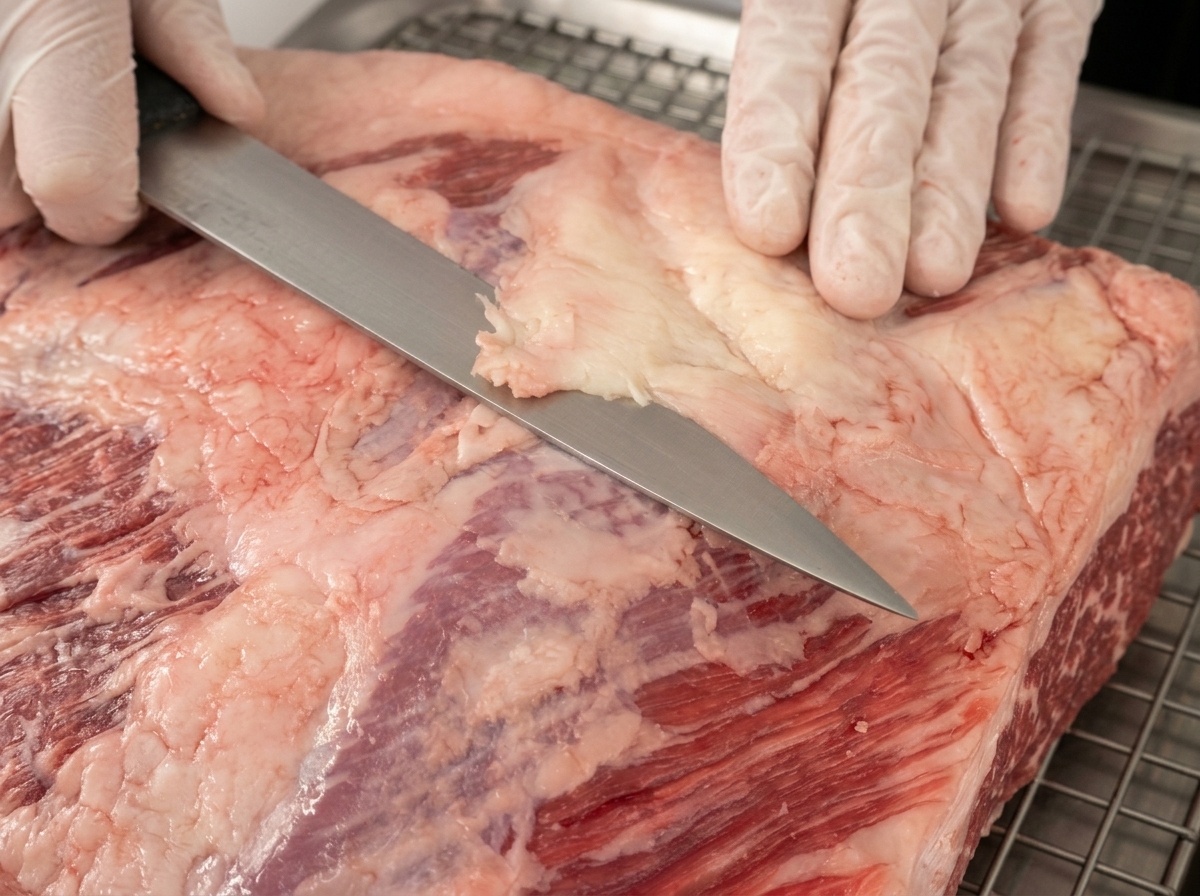 鋭いナイフで牛肉の表面の厚い脂肪層を切り取っている様子。