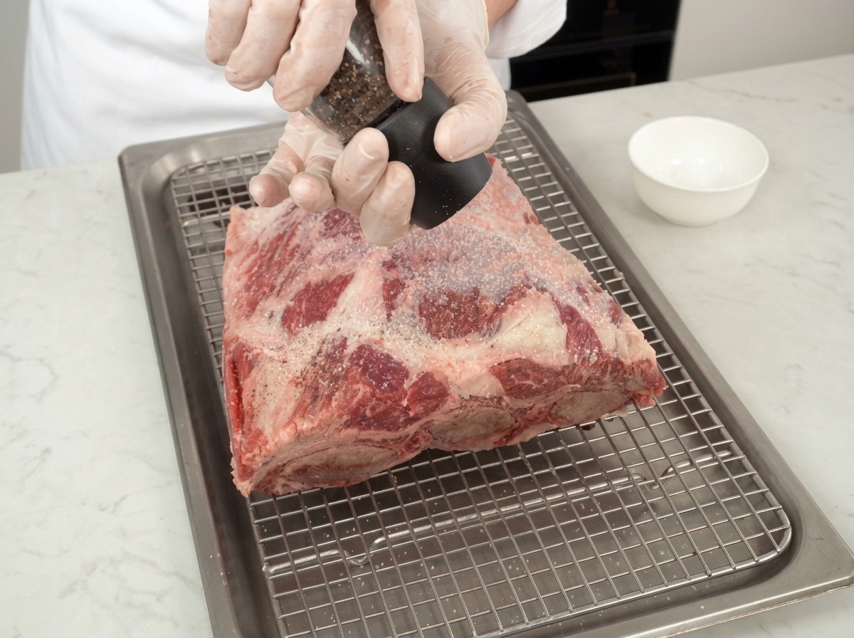 ワイヤーラックにのせた牛肉に新鮮な黒胡椒を挽きかけている様子。