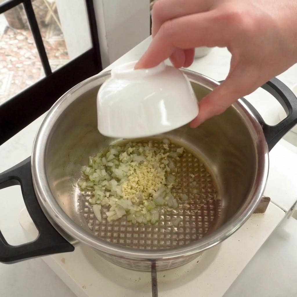 鍋にみじん切りの玉ねぎとにんにくを入れている様子。