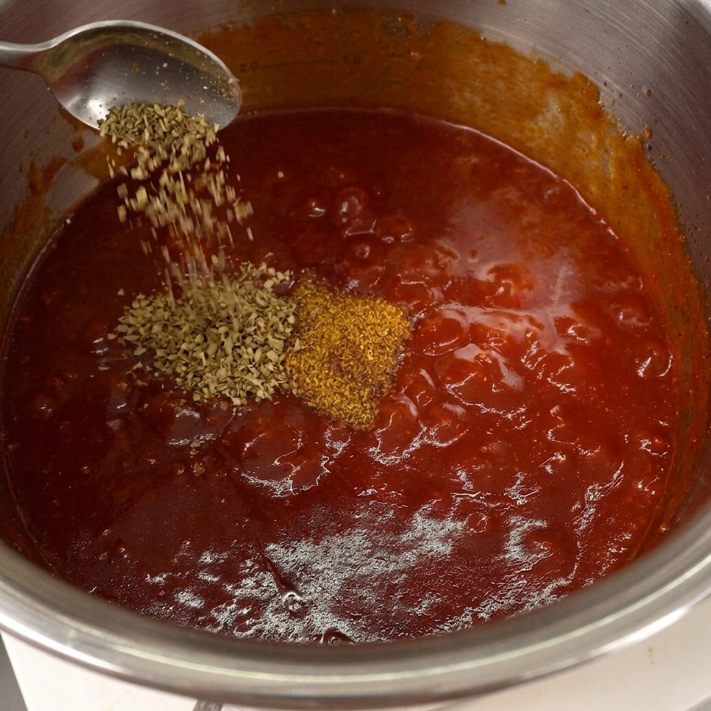 煮込んでいる赤いBBQソースにスパイス類を加えている様子。