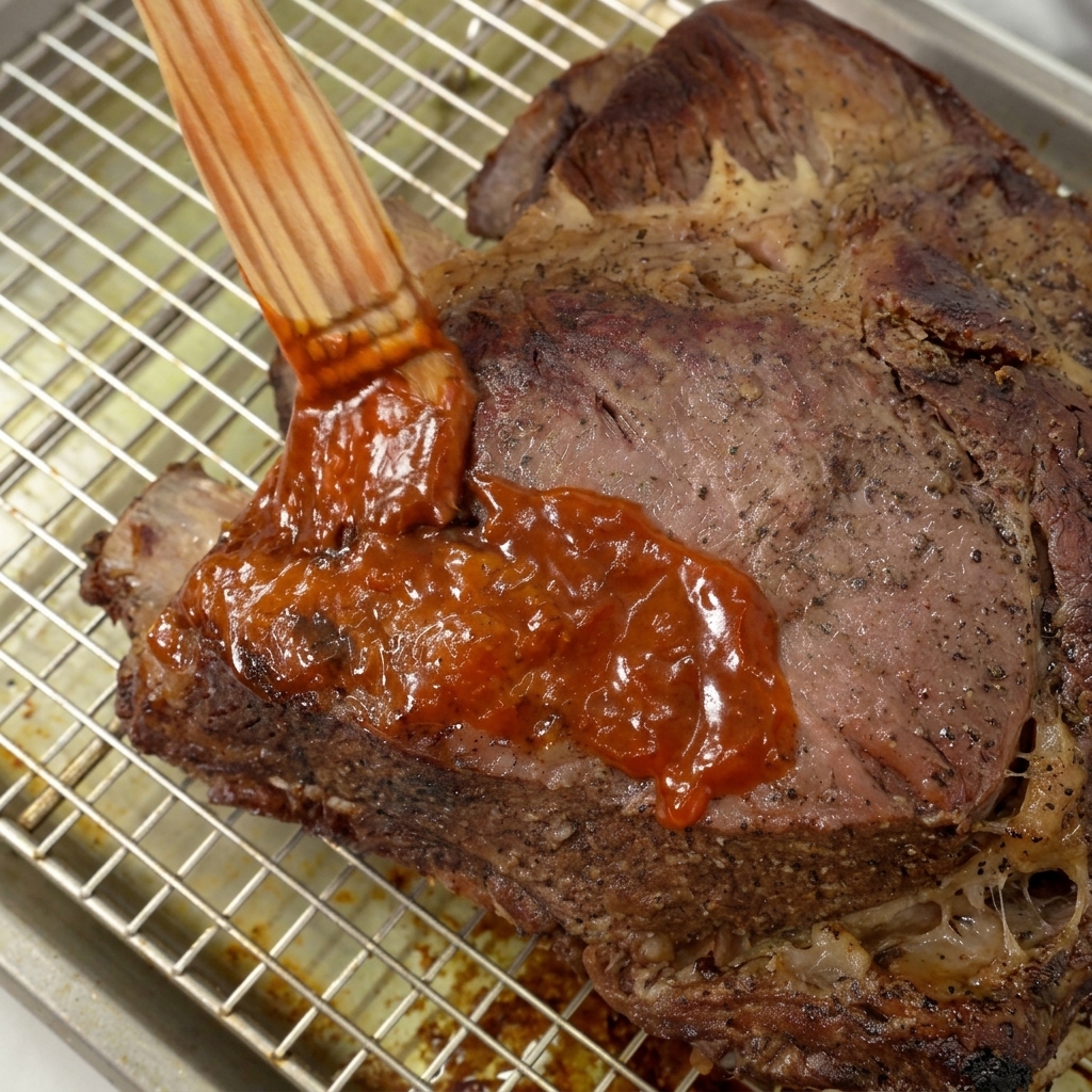 焼き上がったリブに刷毛でたっぷりと赤いBBQソースを塗る様子。