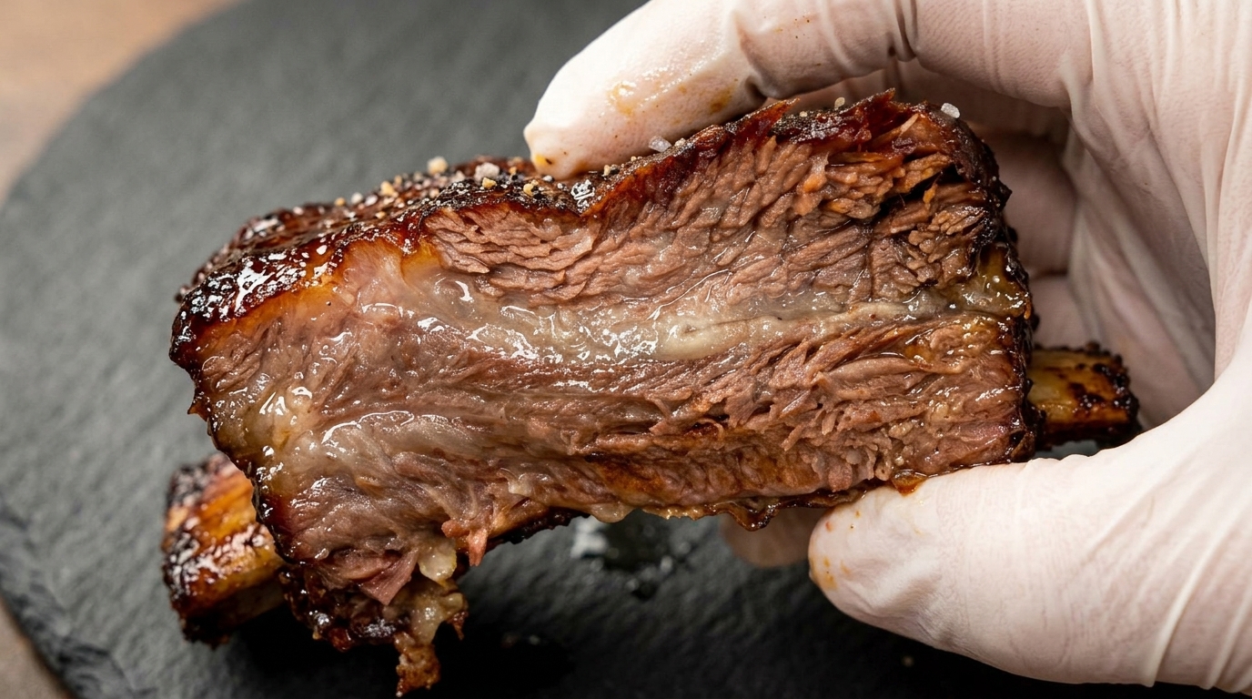 じっくり焼いた牛ショートリブの自家製BBQグレイズ添え