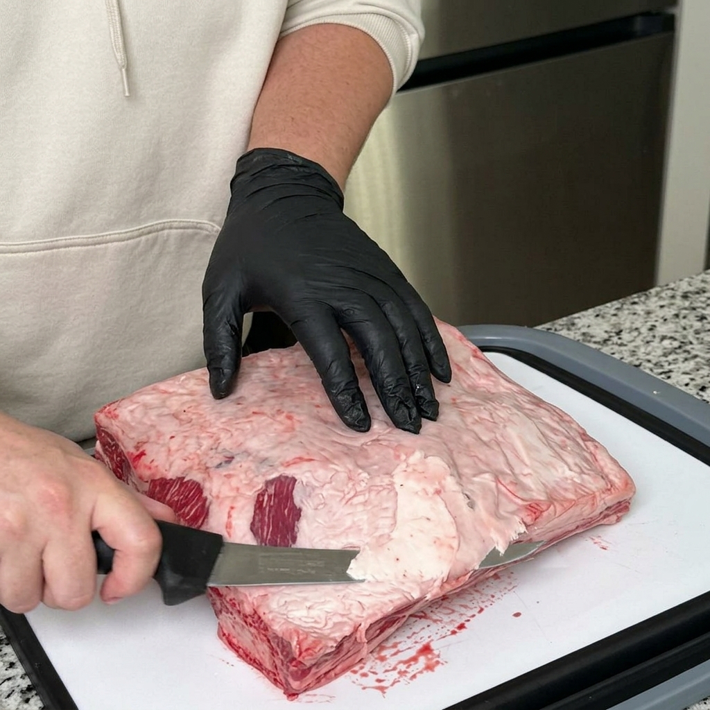 黒い手袋をはめた人が、鋭利なナイフを使って大きな牛リブの端から余分な脂肪を切り落としている様子。