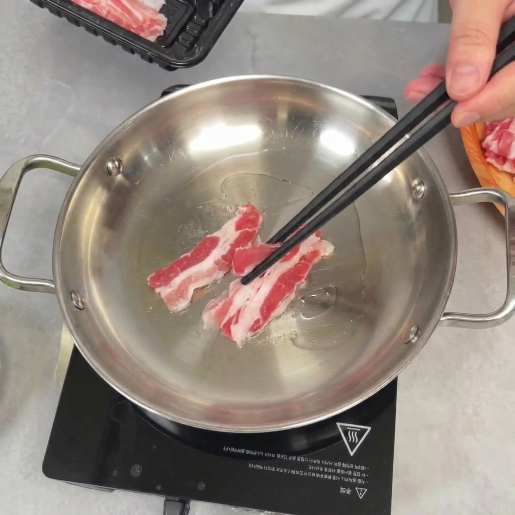 箸を使って、生の豚バラ薄切り肉をフライパンに並べている様子。