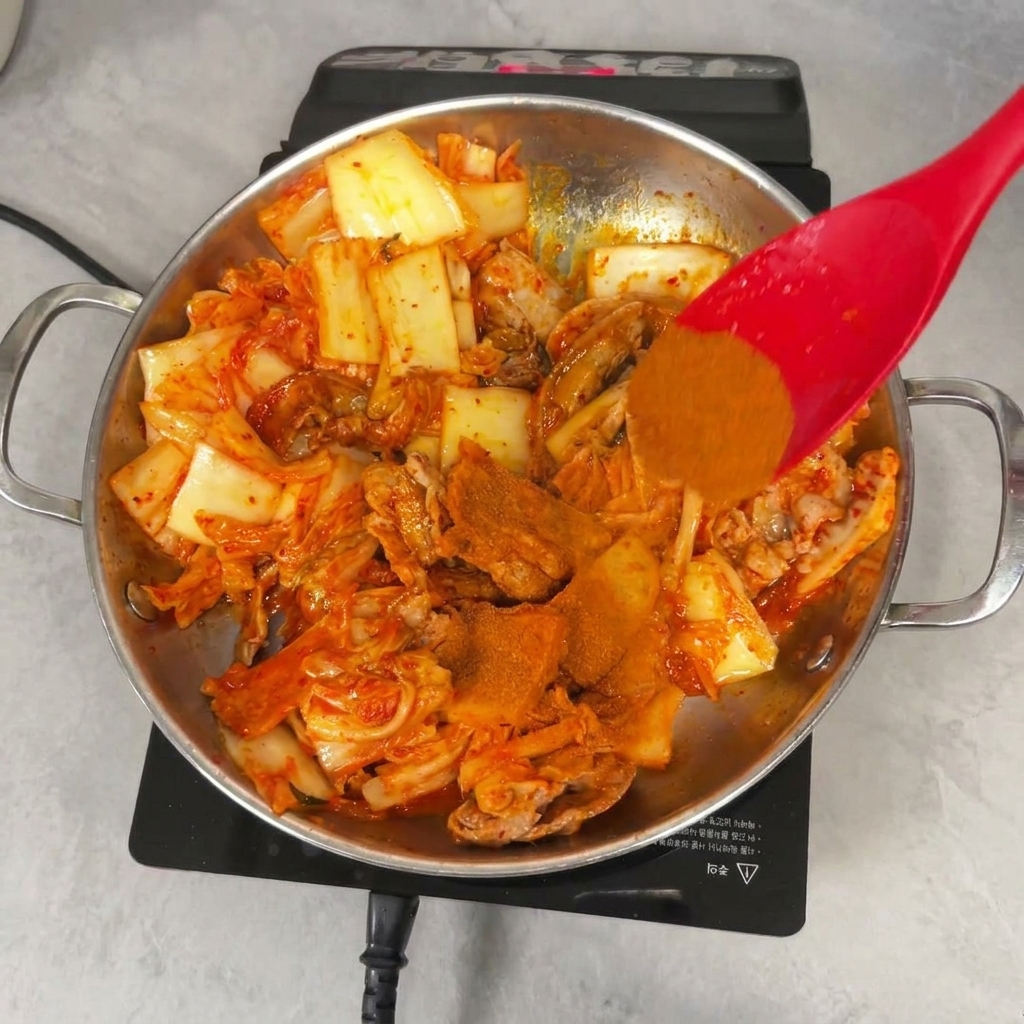 炒めたキムチと豚肉の入ったフライパンに、赤いヘラを使って鮮やかな粉唐辛子を混ぜ合わせている様子。