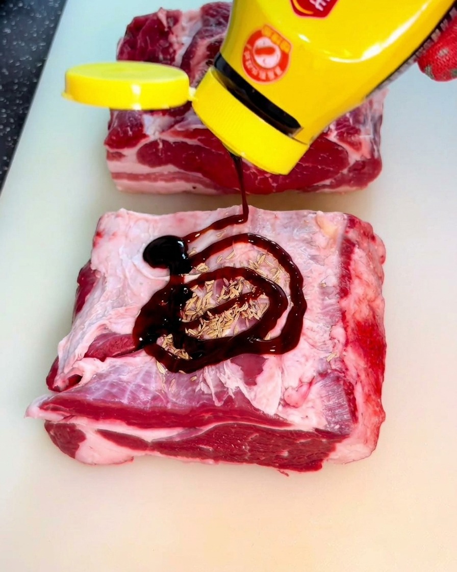 黄色いキャップのボトルから、生の牛肉に濃い色のオイスターソースを絞り出している様子。
