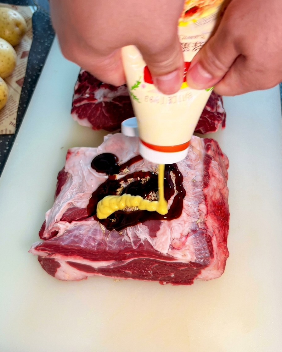 オイスターソースを塗った肉の上に、さらにイエローマスタードを絞り出している様子。