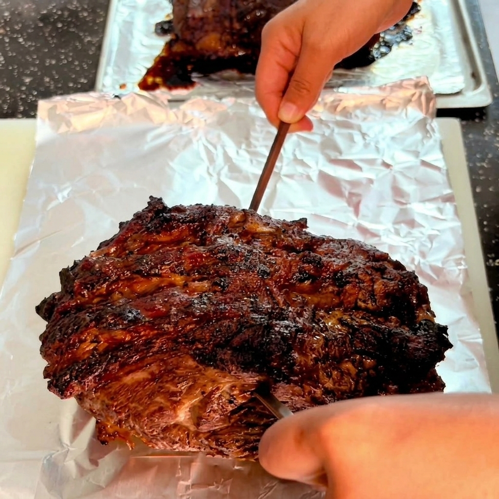 天板の上で、焼き色のついた牛肉に金属製の串で穴を開けている様子。