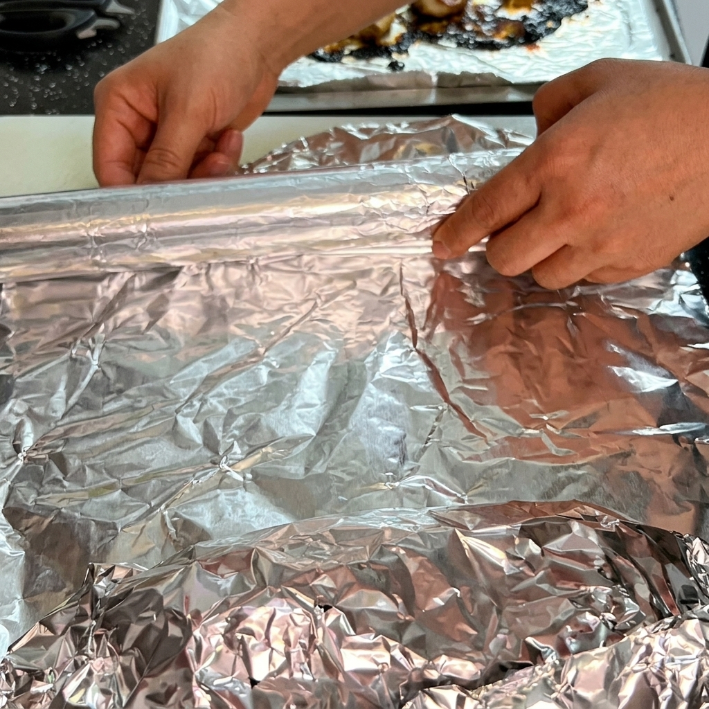焼き上がった牛肉を包むためにアルミホイルを広げている様子。
