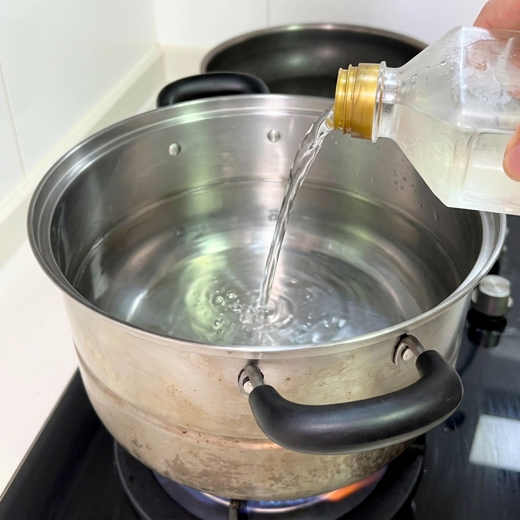 コンロの上の鍋に、ボトルから酢を注ぎ入れている様子。