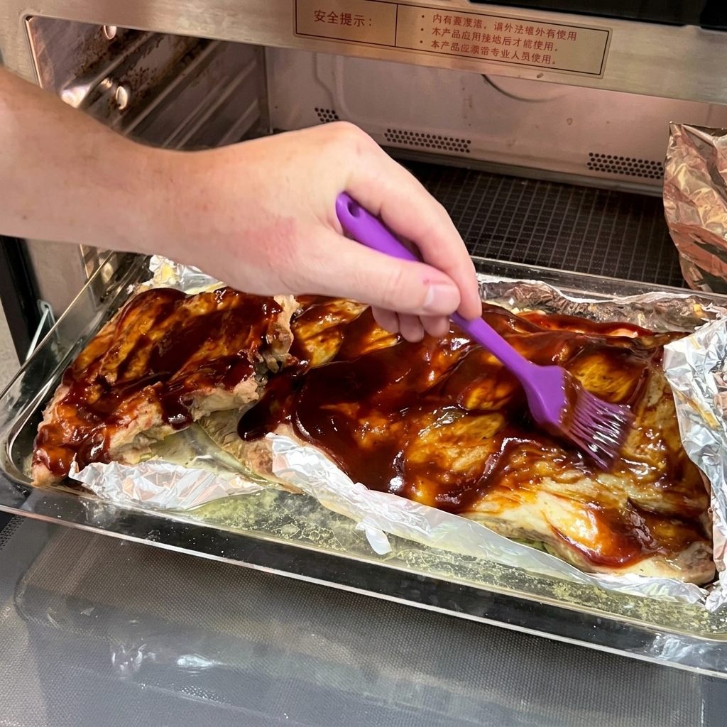 焼き上がったリブに、シリコンブラシでBBQソースを厚く塗っている様子。