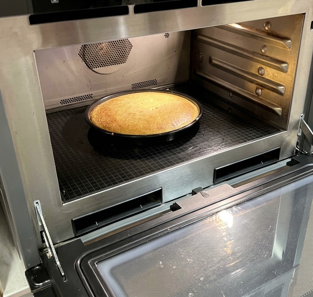オーブンの中でこんがり焼けた丸いコーンブレッドの焼き上がりを確認している様子。