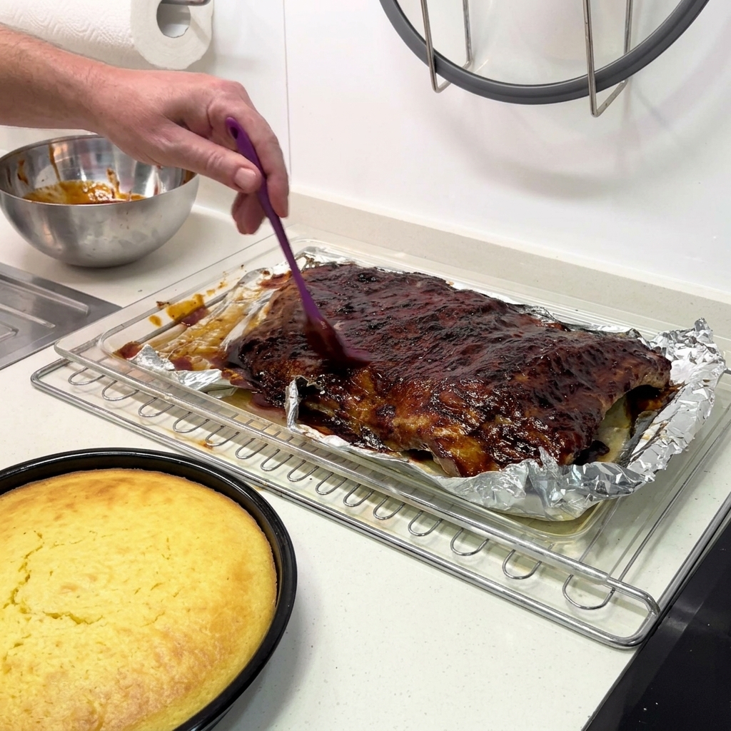 ツヤのあるBBQソースを、リブの上にさらに重ねて塗っている様子。