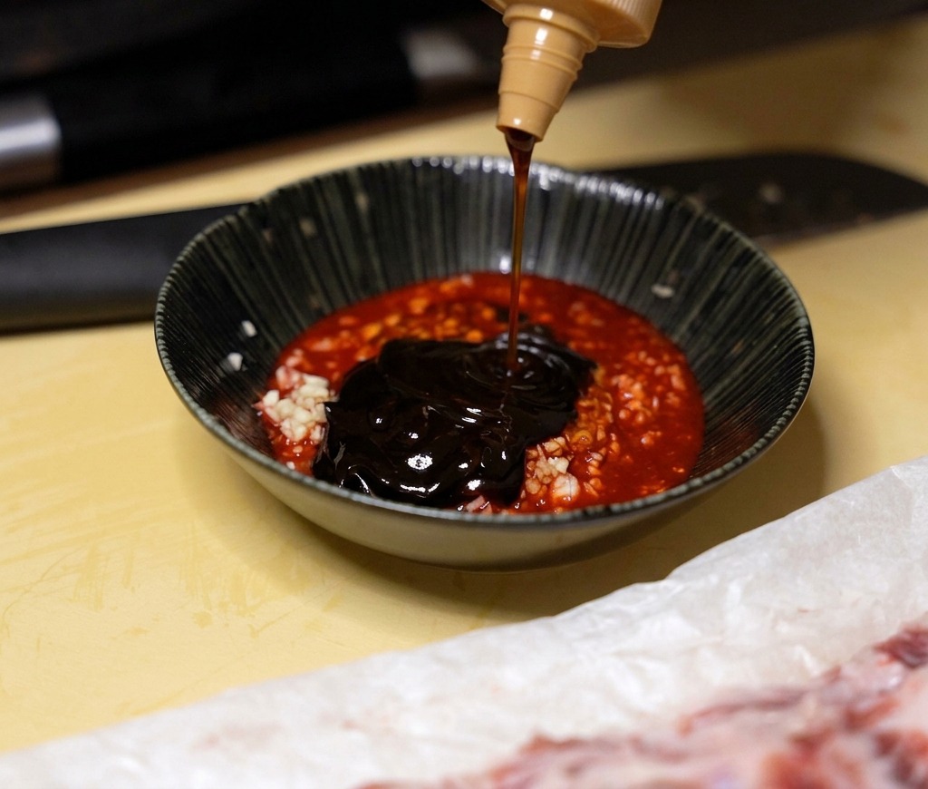 赤色のタレが入ったボウルに、柱侯醤と蜂蜜を加えて混ぜ合わせている様子。
