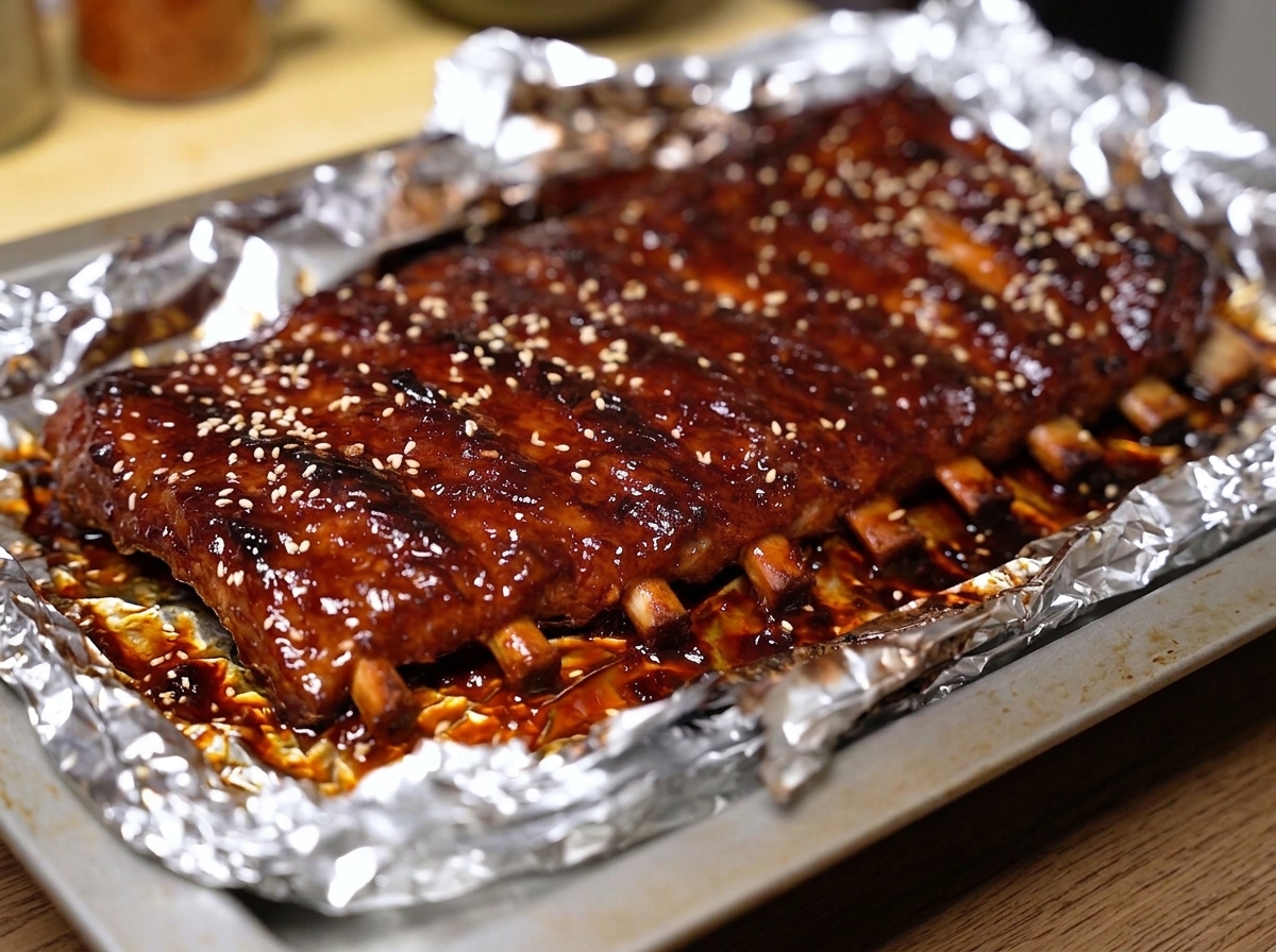 照りよく焼き上がったスペアリブに、白ごまが振りかけられている完成直前の様子。
