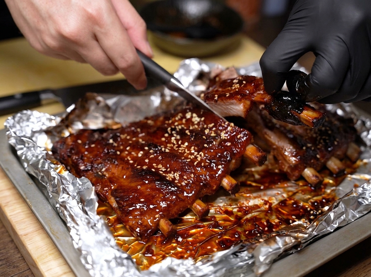 焼き上がったスペアリブを、包丁で骨に沿って1本ずつ切り分けている様子。