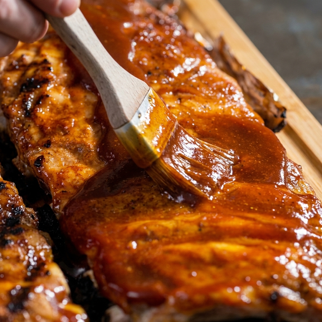 ハケを使って、焼き上がったポークリブにツヤのあるBBQソースをたっぷり塗っている様子。
