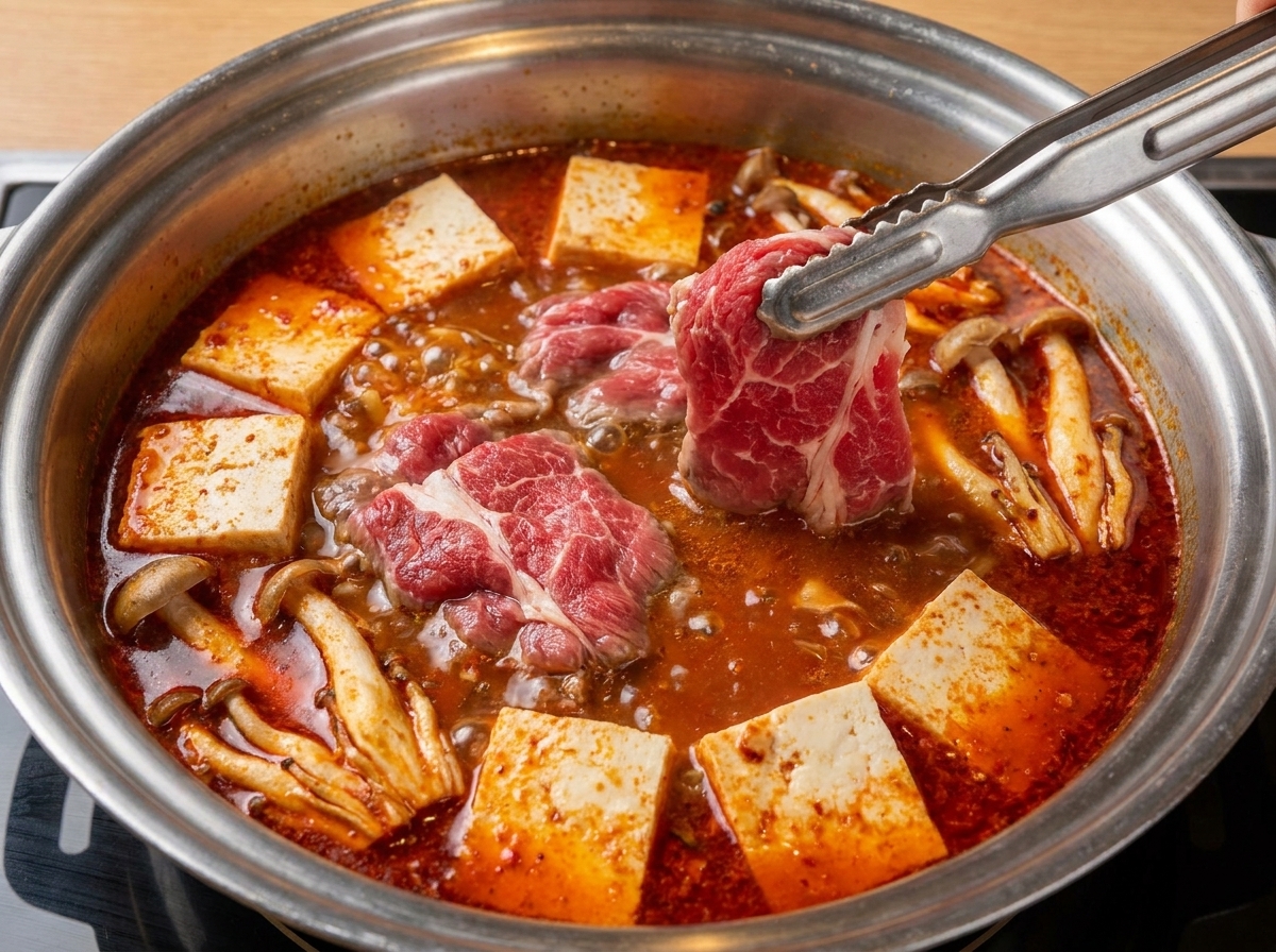 トングを使って、赤いスープ、豆腐、えのきが入った熱々の鍋に、生の牛薄切り肉を入れている様子。
