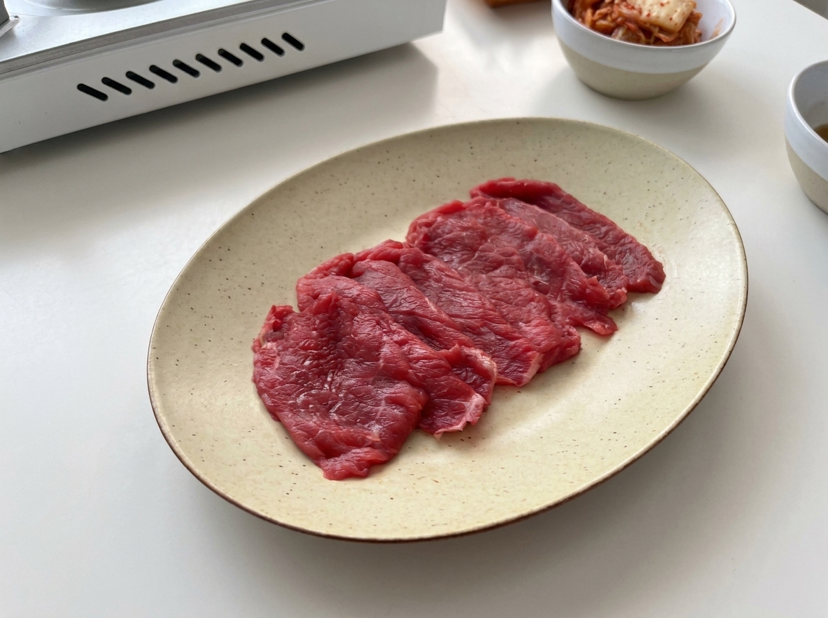 楕円形の白い皿にきれいに並べられた、生の牛薄切り肉。