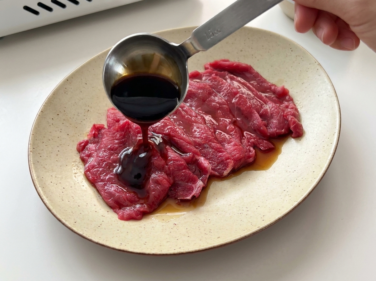お皿に並んだ生の牛肉に、計量スプーンで醤油とオイスターソースをかけている様子。