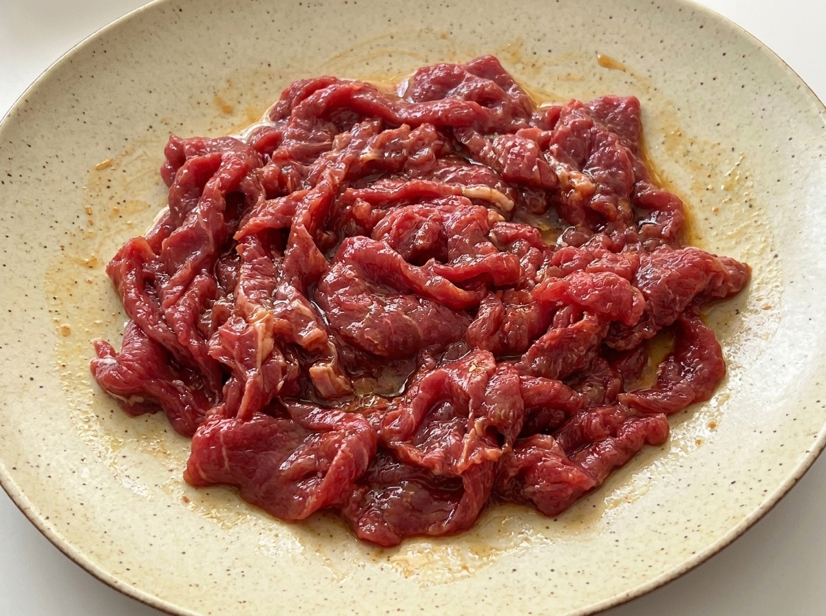 醤油、オイスターソース、片栗粉がしっかり絡んだ、ツヤのある生の牛肉。