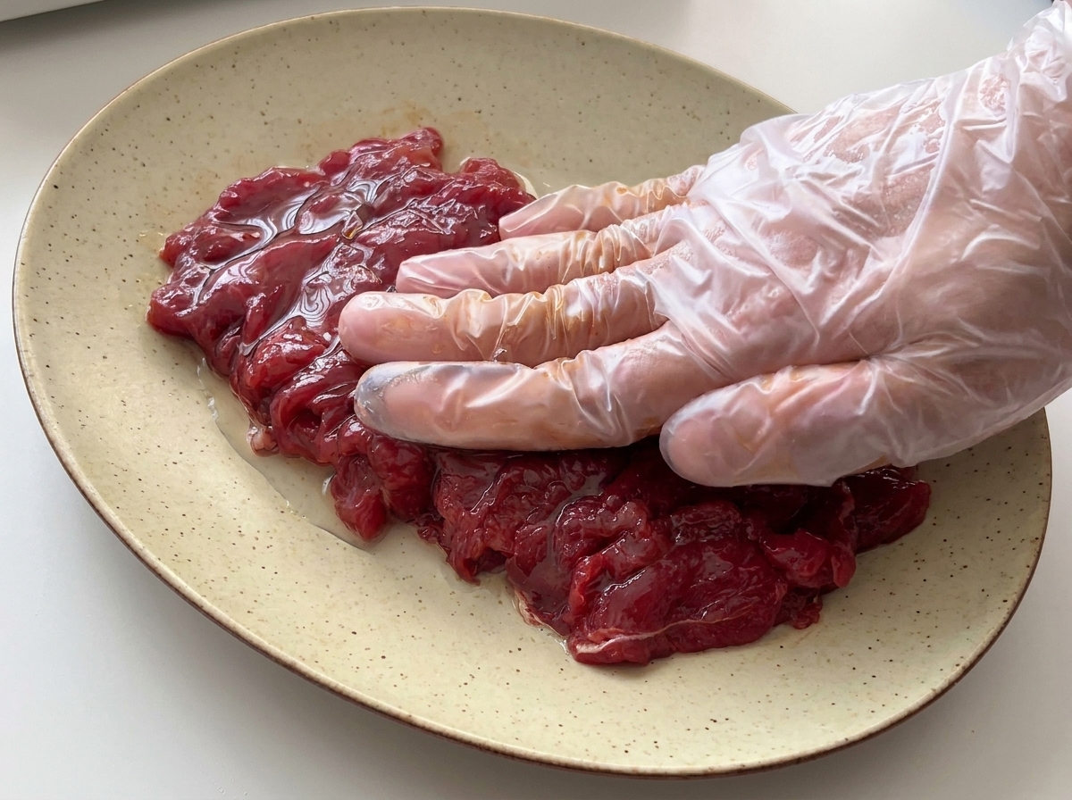 透明なビニール手袋をした手で、下味をつけた生の牛肉をお皿に平らに押し付けている様子。