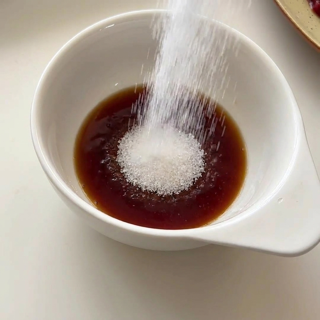 醤油が入った小さな白いボウルに、たっぷりの白い砂糖を入れている様子。