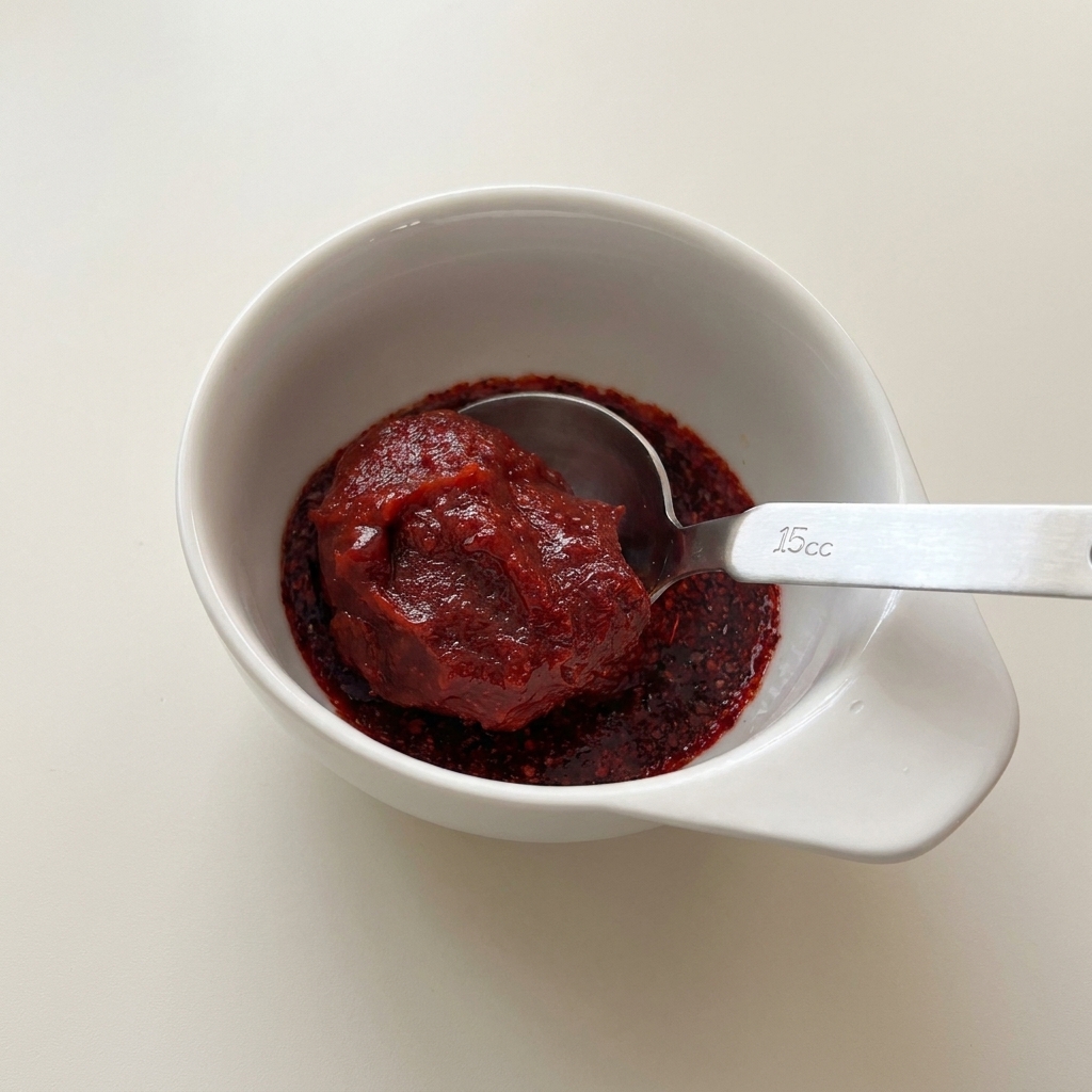 醤油と砂糖が入った小さな白いボウルに、計量スプーンですくった濃厚なコチュジャンを合わせている様子。
