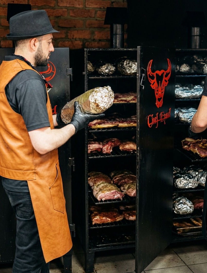 レザーエプロンを着たシェフが、ホイルで包まれた大きな肉の塊を黒い業務用水分スモーカーの棚に置いている様子