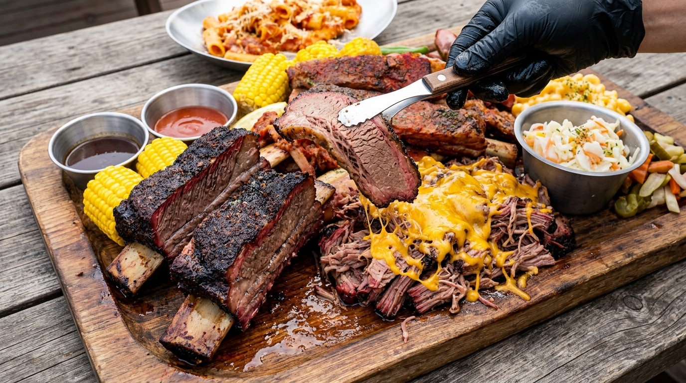 とろけるチーズを添えたシュレッド・ブリスケットと、肉厚なスモーク・ビーフリブが並ぶ豪華なテキサスBBQプレート。