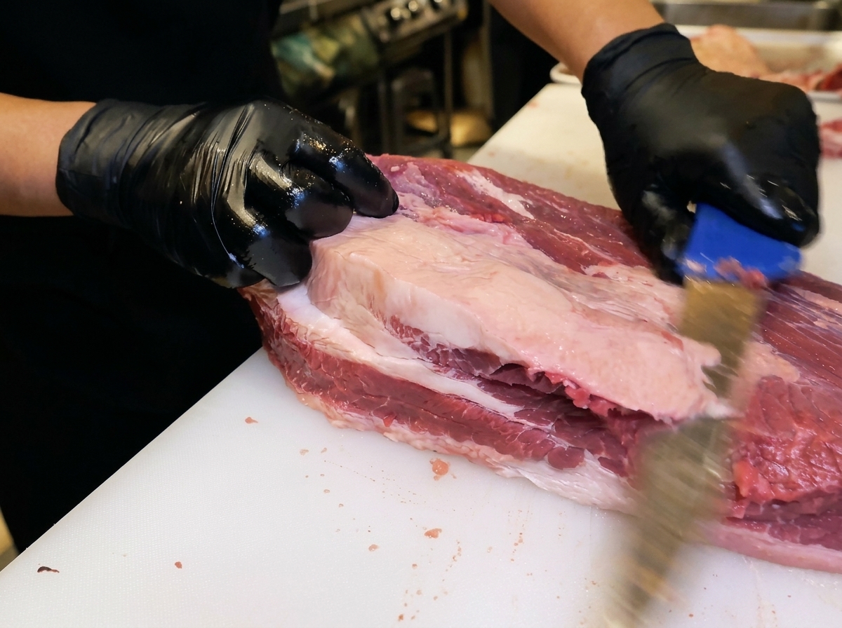 手袋をはめた手で、大きな牛の塊肉から厚い脂肪層をナイフで切り落としている様子。