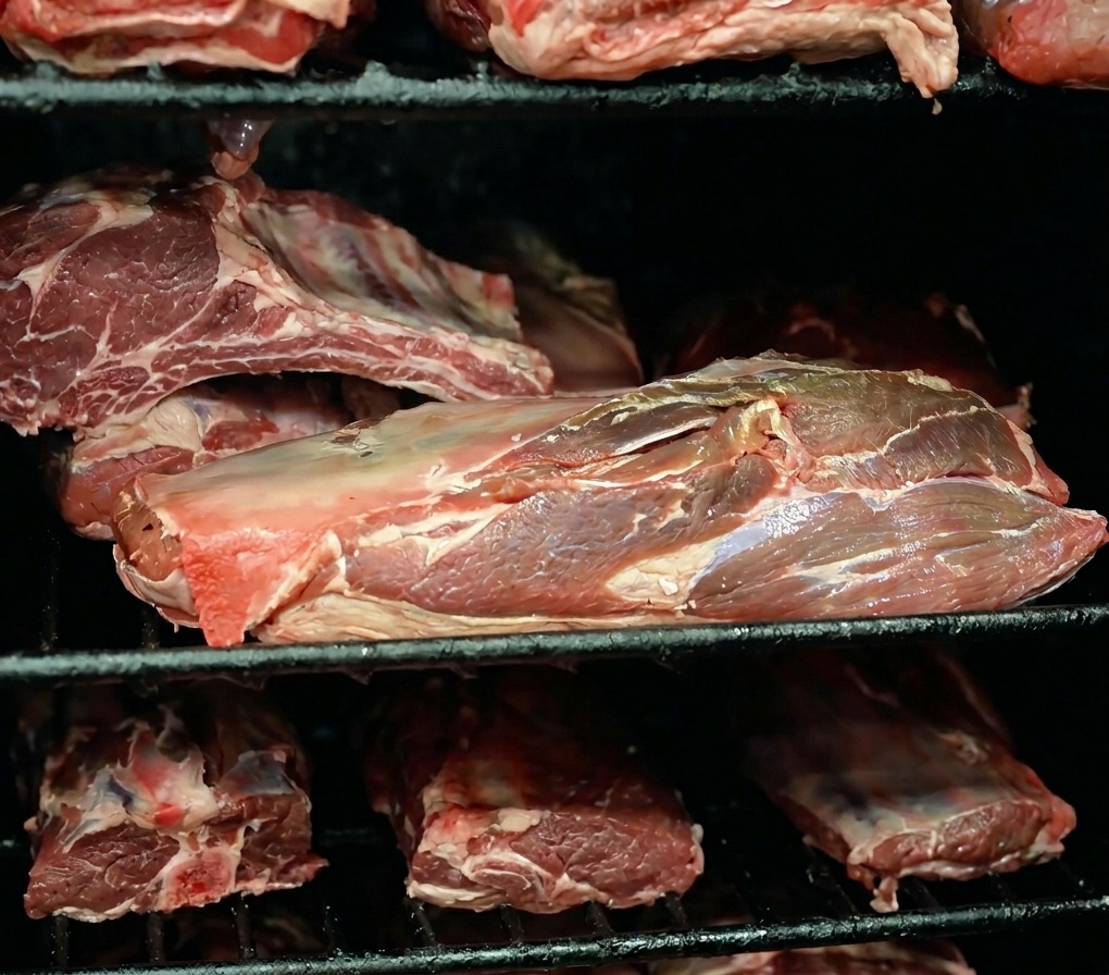 スモーカー内の金属ラックに並べられた、大きな牛ブリスケットとリブの塊肉。