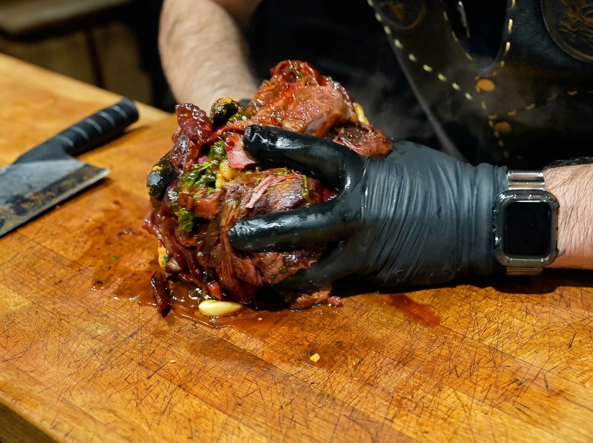 黒い手袋をした両手で、熱々の牛肉、ガーリック、ハーブを力強く混ぜ合わせている様子。