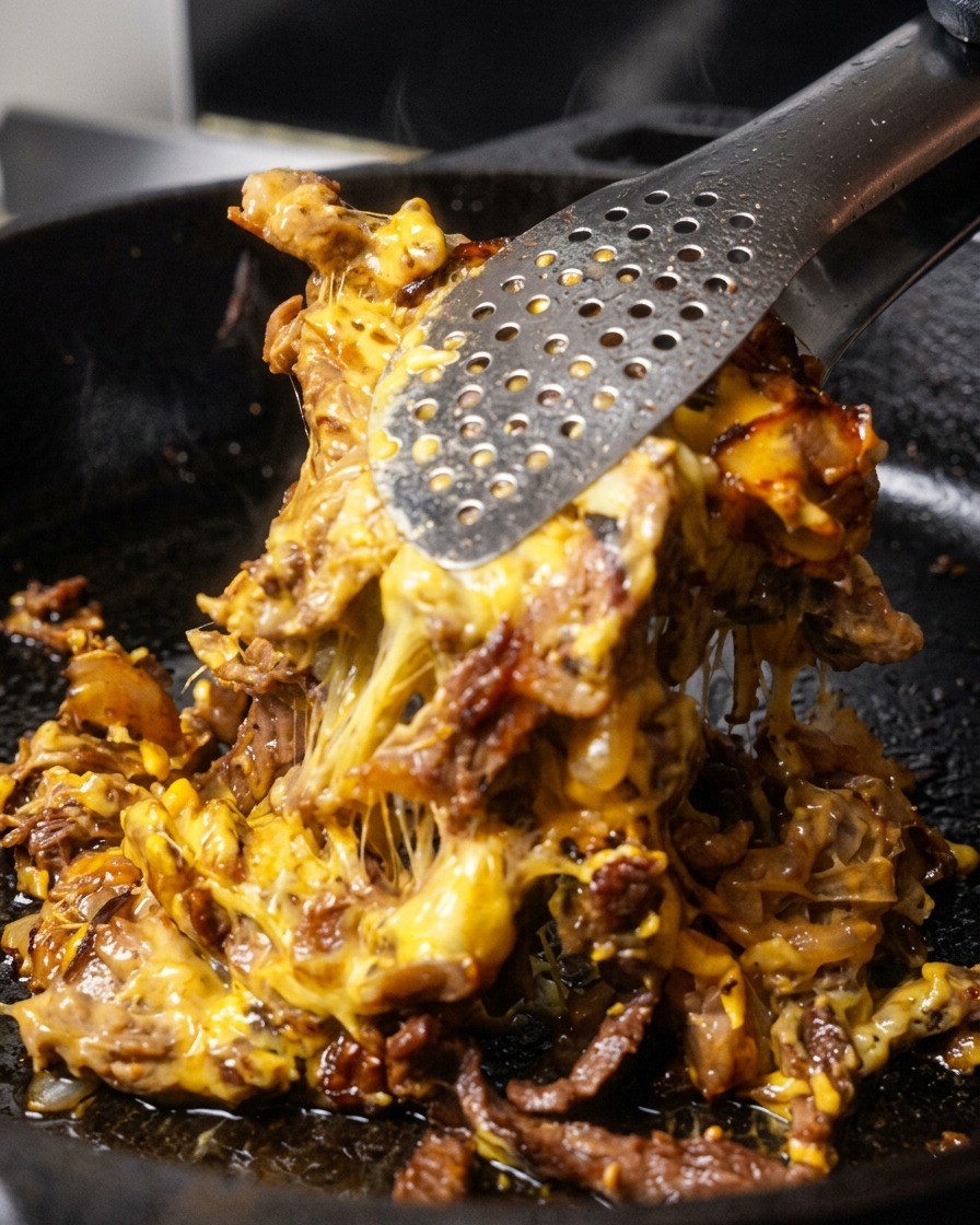 トングで、チーズがとろりと伸びる肉と玉ねぎの塊をすくい上げ、バゲットに挟もうとしている様子。