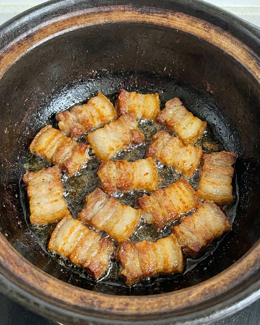 黒い土鍋の中で豚バラ肉が自身の脂でグツグツと音を立てて炒められている様子。