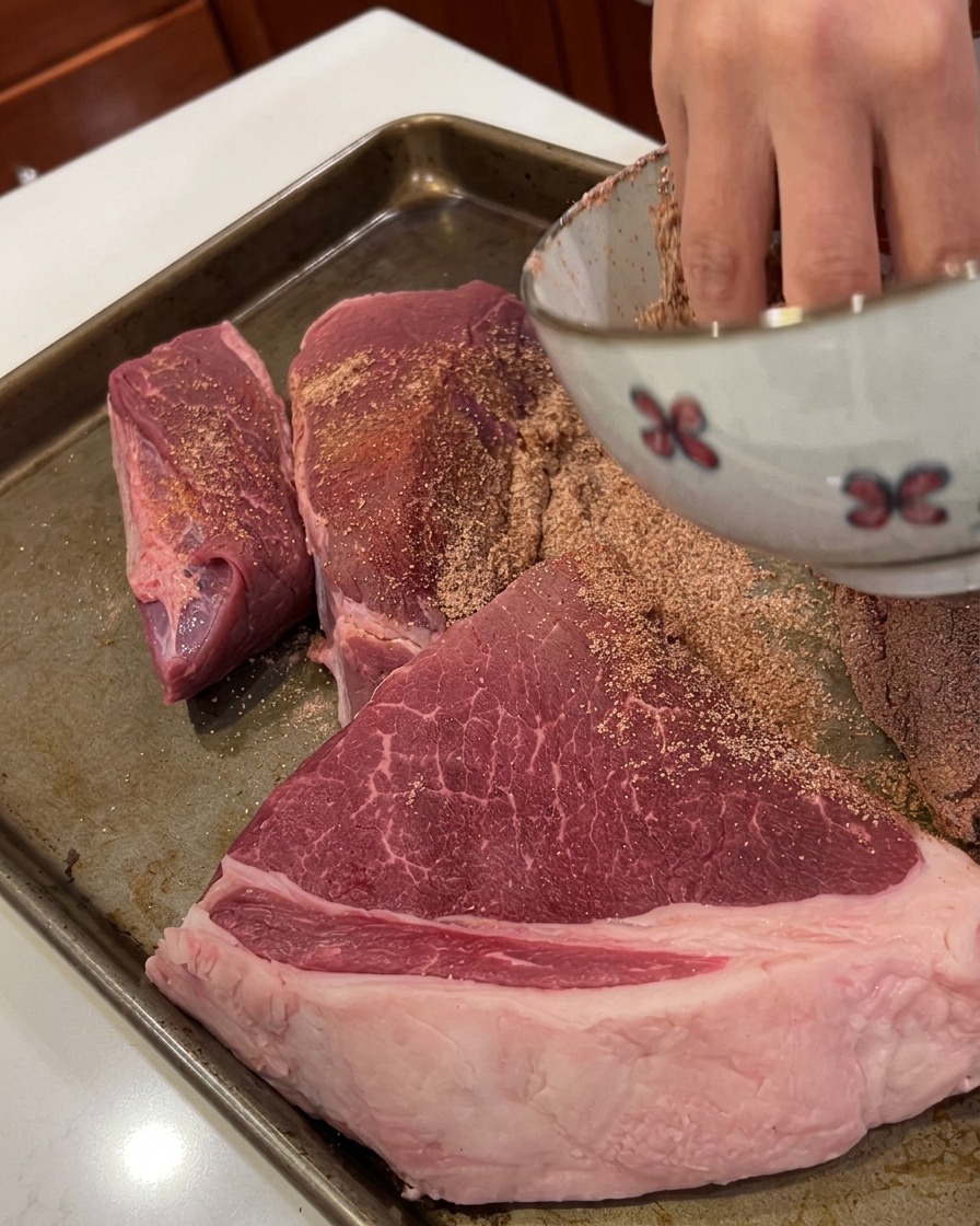 天板に並べられた大きな牛肉の塊に、ボウルからスパイスミックスを振りかけている様子。