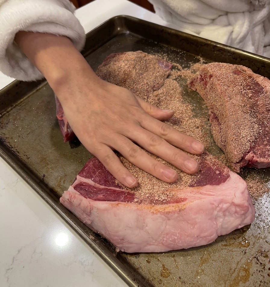 牛肉の表面に、手を使ってしっかりとスパイスをすり込んでいる様子。