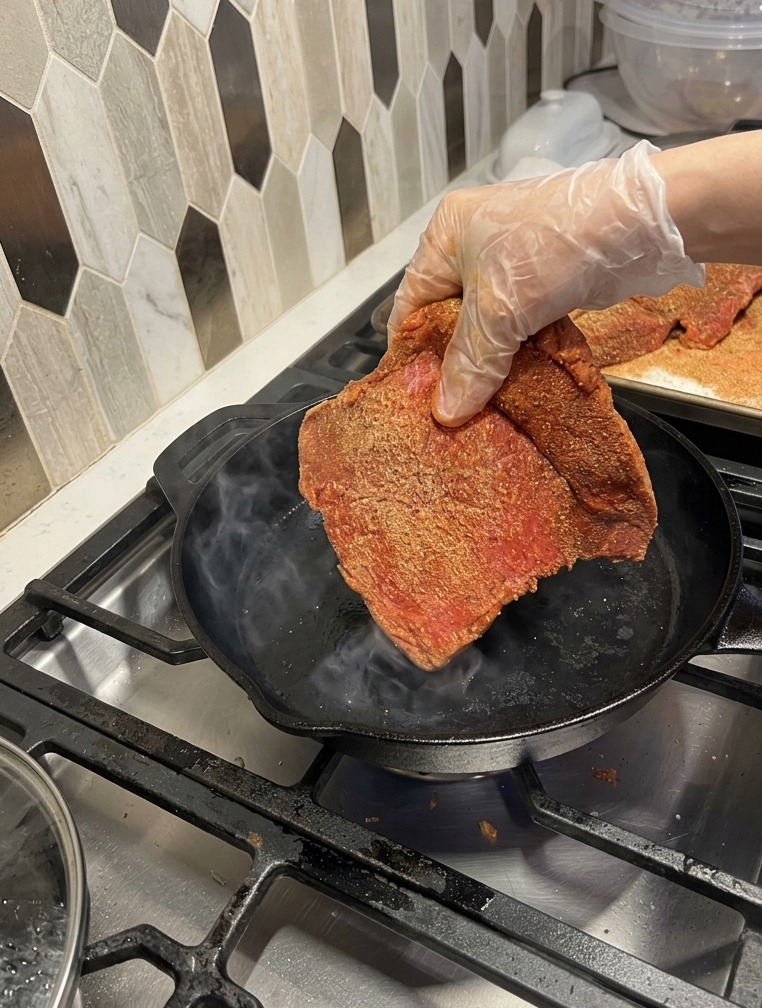 煙が出るほど熱した鋳鉄のフライパンに、スパイスをまぶした大きな肉の塊を入れている様子。