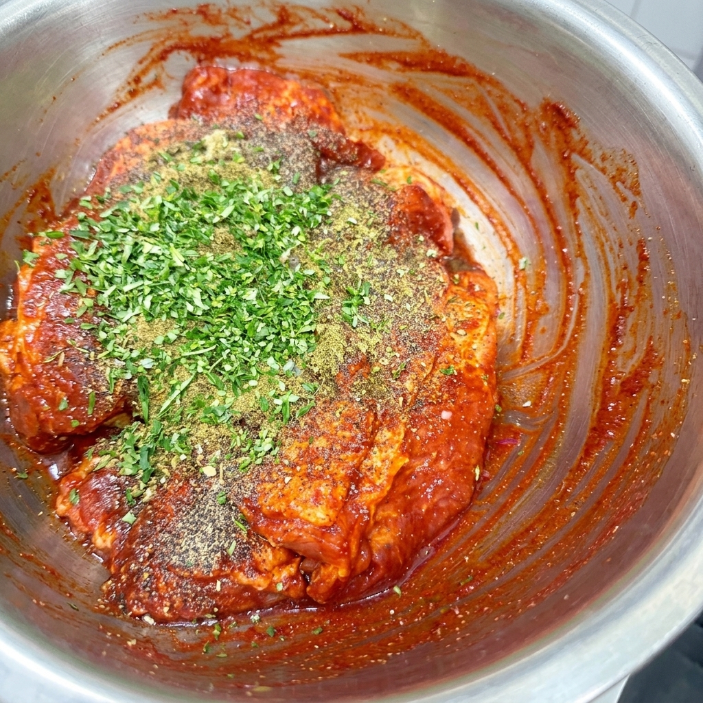パプリカの赤色やパセリの緑色、様々な乾燥調味料がふりかけられたボウルの中の豚肉。