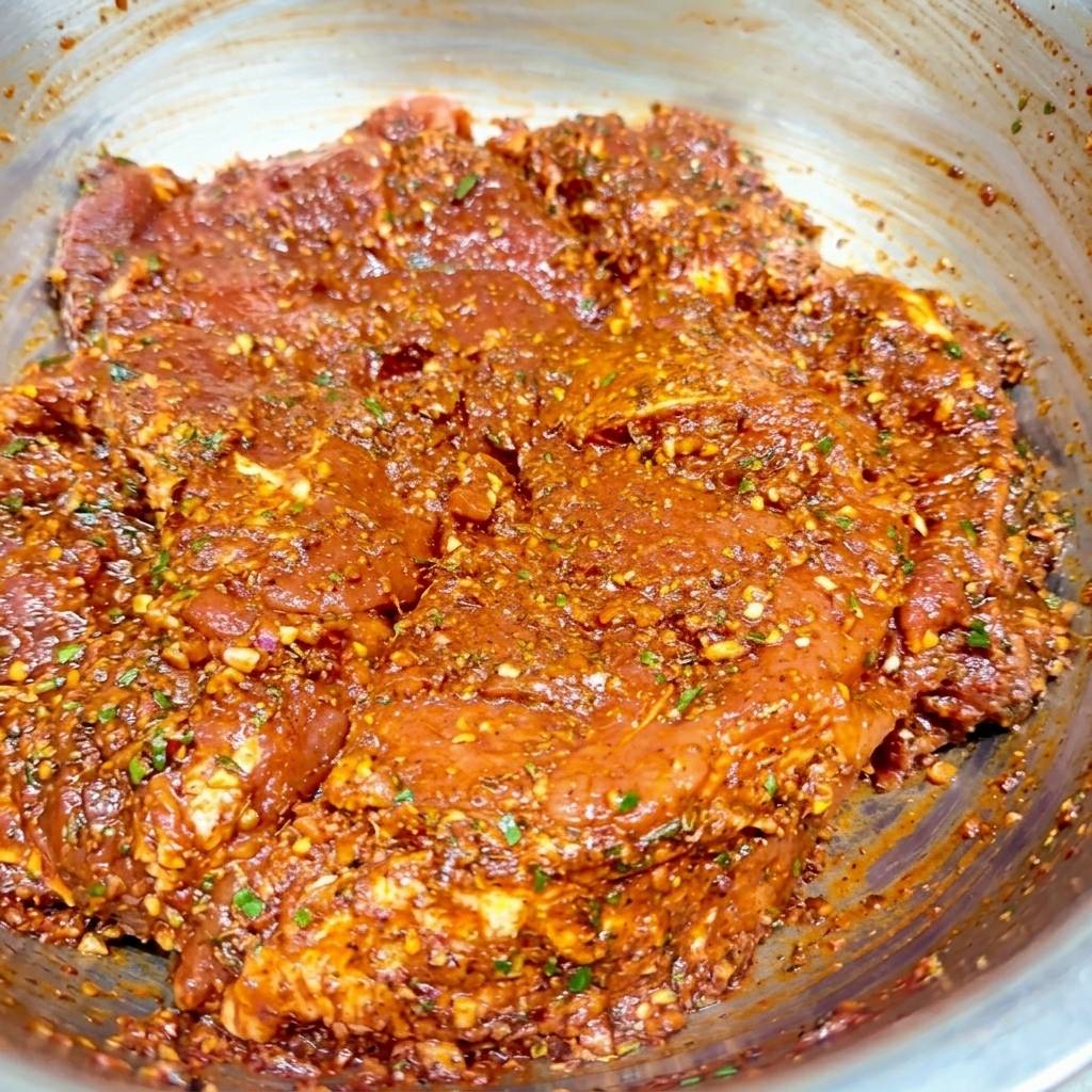 ハーブが混ざった赤いマリネ液で、肉全体が均一にコーティングされた状態。