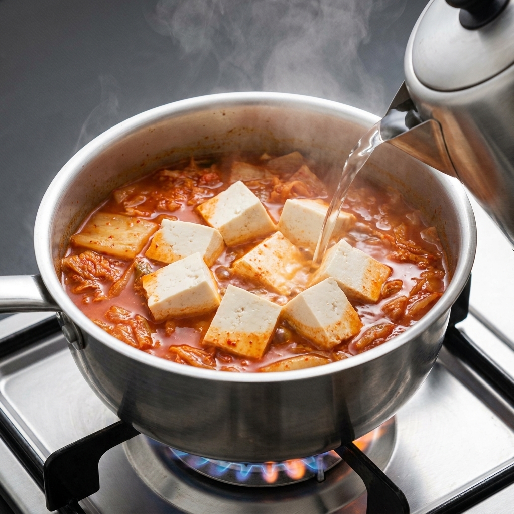 ケトルから豆腐とキムチが入った鍋に熱湯を注いでいる様子