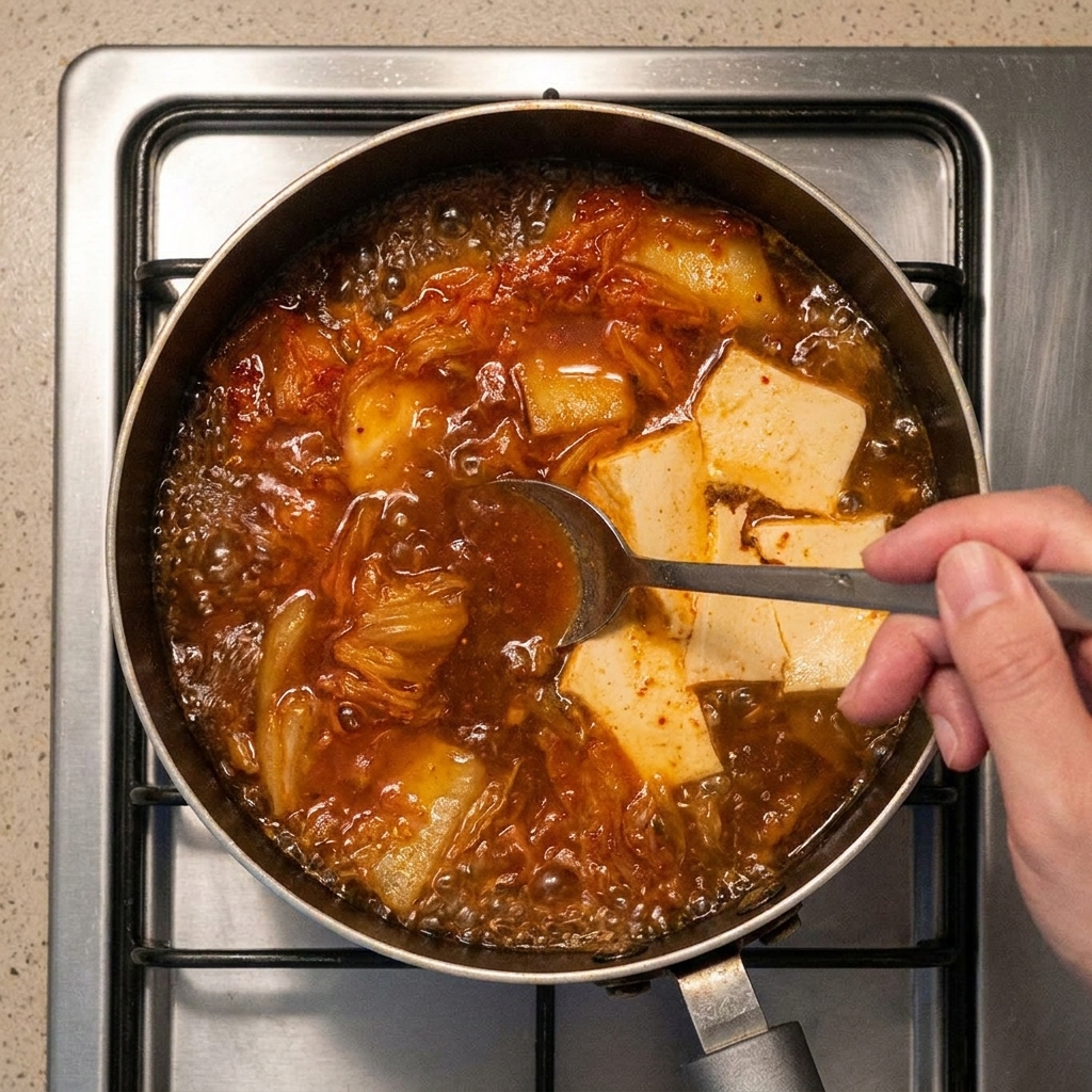 沸騰したスープをスプーンで混ぜ、豆腐と馴染ませている様子