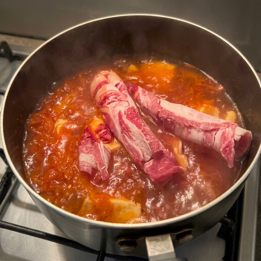 煮え立つ赤いスープに薄切りの生の牛肉を入れている様子