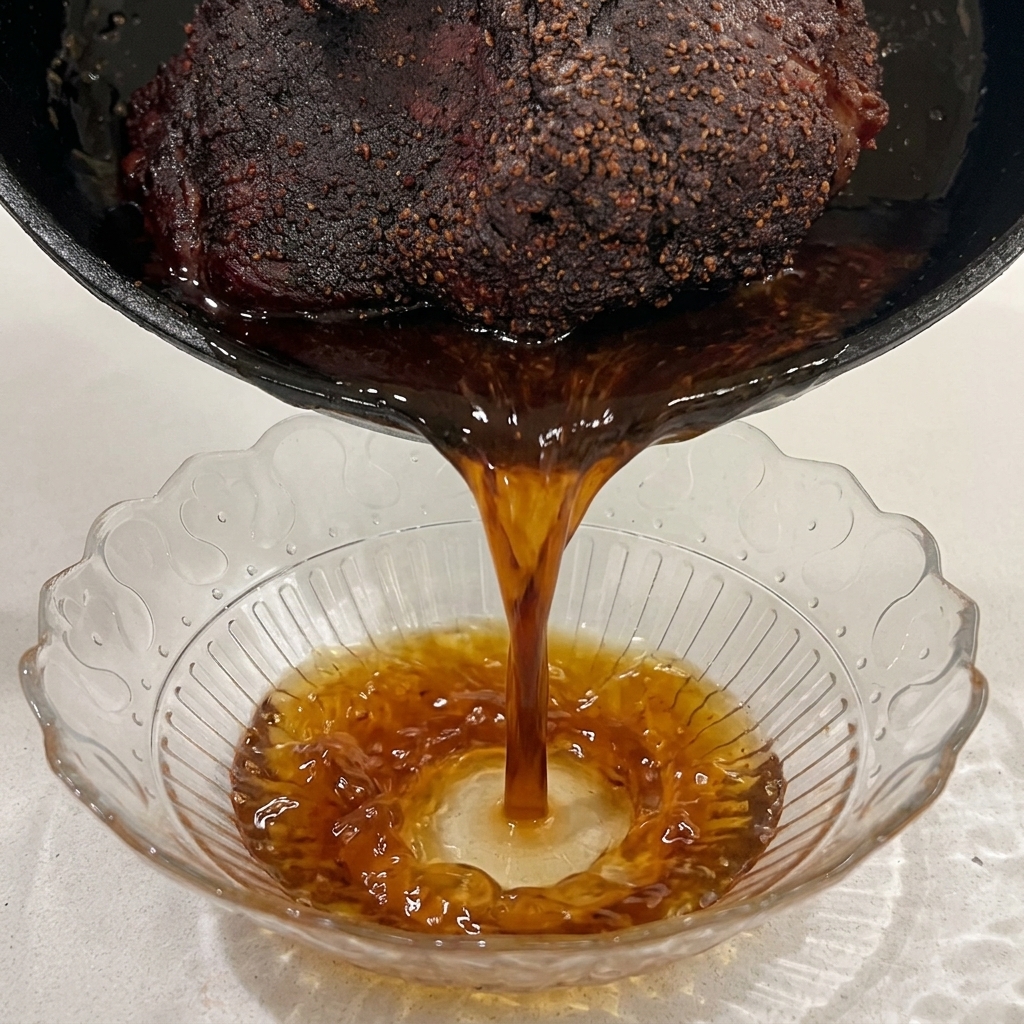 スキレットの底に溜まった濃い茶色の肉汁を、透明なガラスのボウルに注いでいる様子。