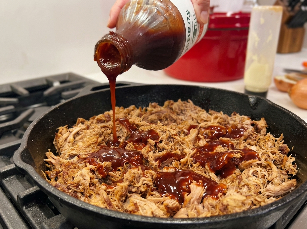 解した豚肉が入った鍋に、ボトルから濃い色のバーベキューソースを注いでいる様子。